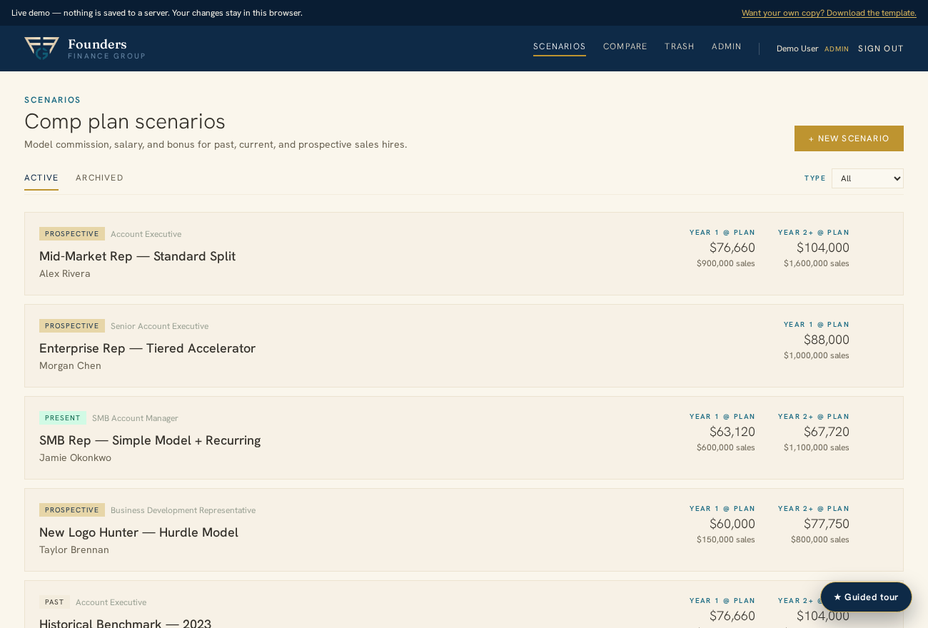 Scenario dashboard — comp plans for each rep or candidate.